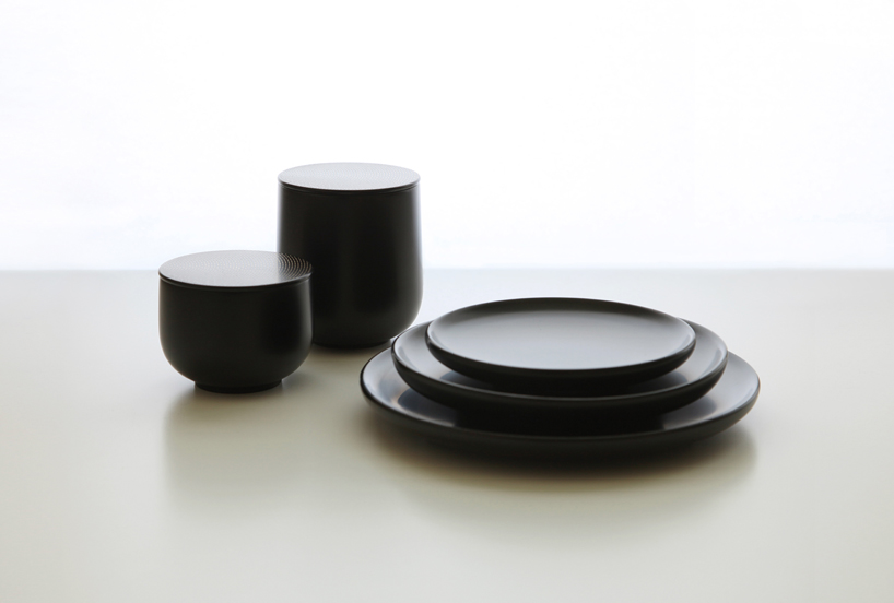 jungmo yang's tableware series uses lasers on lacquered metal to create golden details