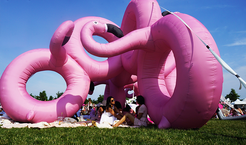 cyril lancelin uses pink flamingo inflatables in immersive installation for pinknic festival