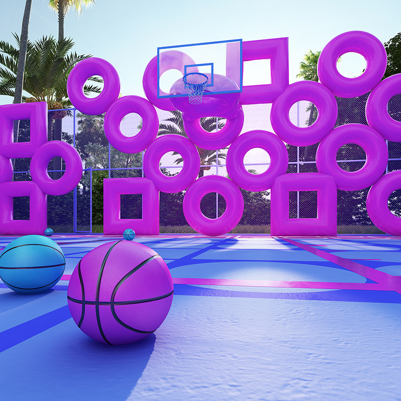 cyril lancelin fences a basketball court with a grid of pink toruses