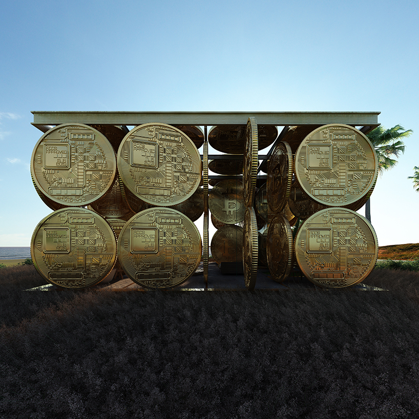 cyril lancelin imagines symbolic structure made of gigantic rotating bitcoins