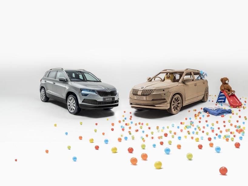 skoda's life-size cardboard car replica of the karoq is a kid's dream