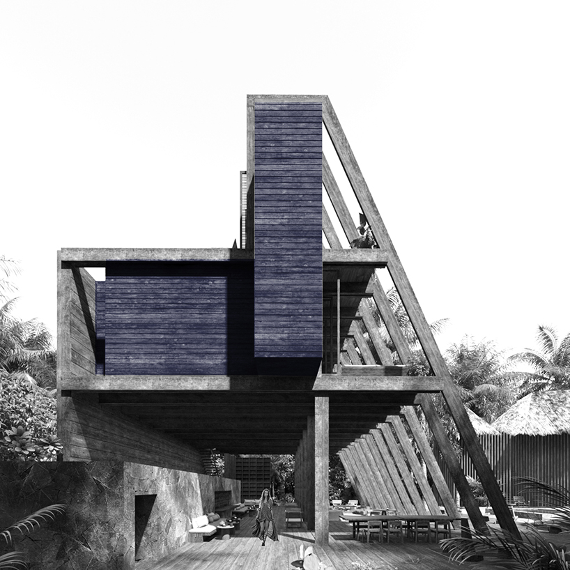 la structure en bois pyramidale du studio d'esrawe suspend trois suites pour l'hôtel dans le maya de la Riviera