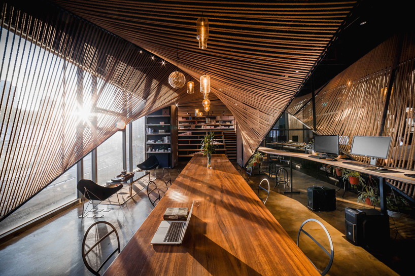 usual studio's chinese working space is decorated with naturally resourced materials