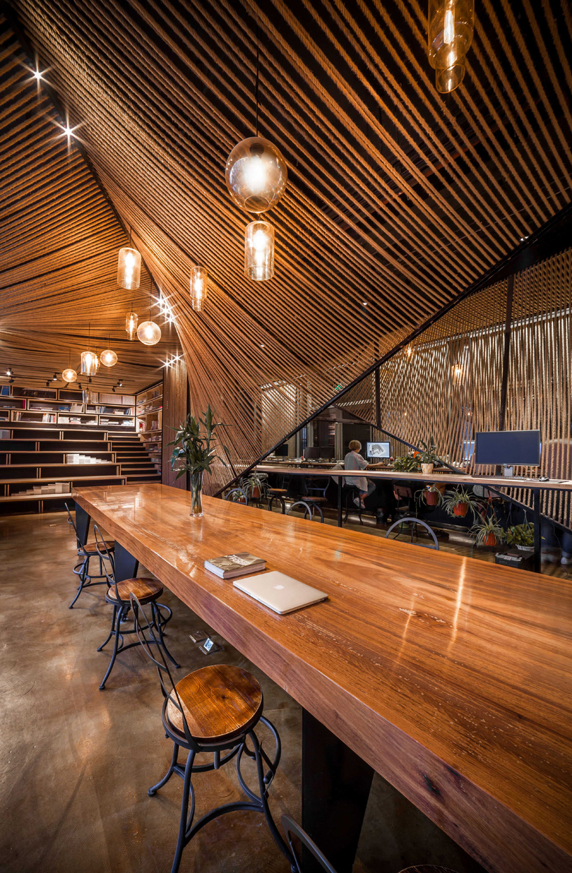 usual studio's chinese working space is decorated with naturally resourced materials