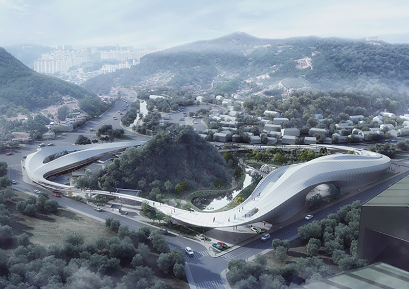 CAA's futuristic cloud-shaped proposal in korea embraces a sacred mountain within