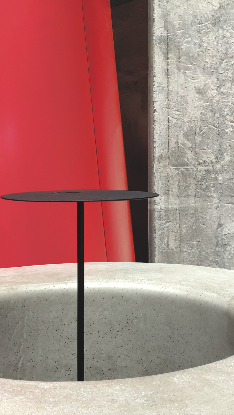 infinity nide's mole chha is a dome teahouse with red gradient walls and brass lighting tubes