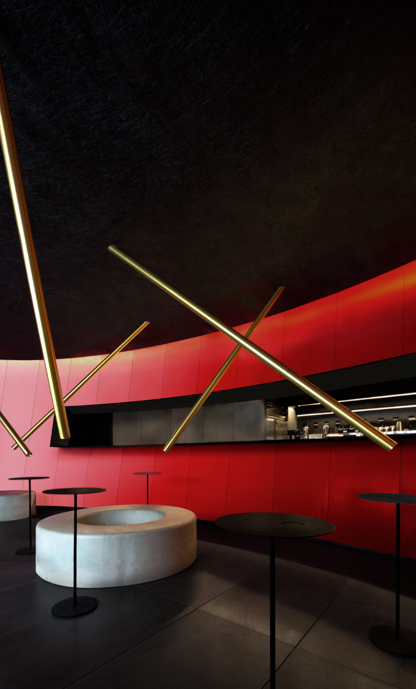 infinity nide's mole chha is a dome teahouse with red gradient walls and brass lighting tubes