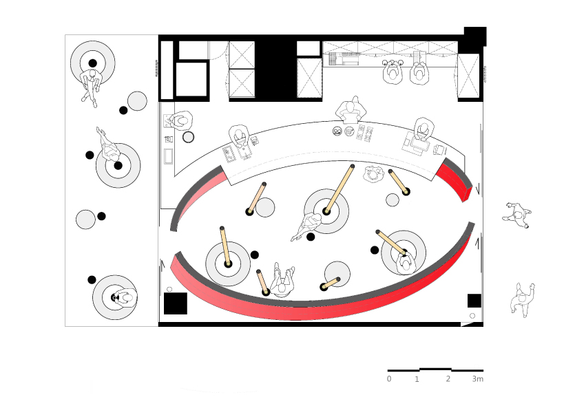 infinity nide's mole chha is a dome teahouse with red gradient walls and brass lighting tubes
