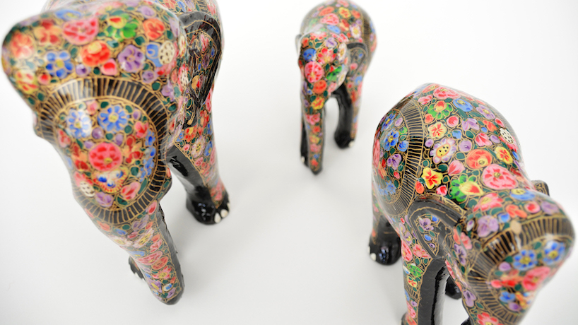 muughl m&acirc;ch&eacute;'s wood and papier-m&acirc;ch&eacute; elephants are handcrafted by indian artisans