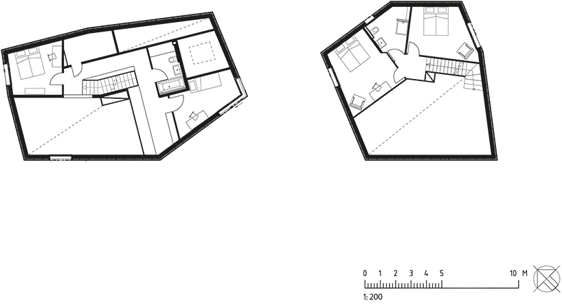 grotto-like, sibling residences elevate the rough expression of unfinished wood