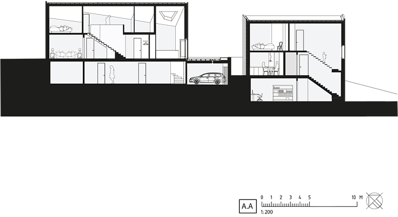 grotto-like, sibling residences elevate the rough expression of unfinished wood
