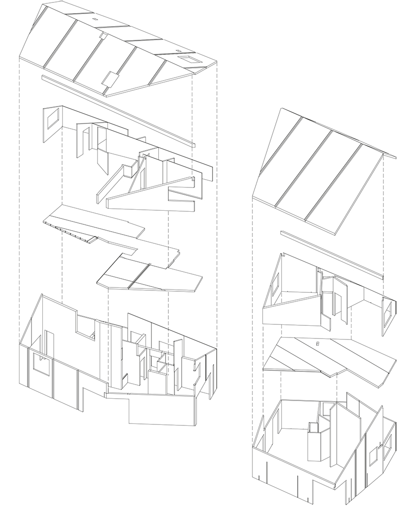 grotto-like, sibling residences elevate the rough expression of unfinished wood