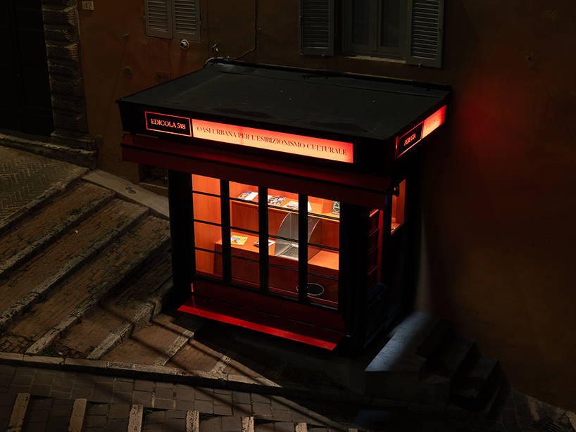 historic perugia newsstand reconfigures into stepped red oak mini reading kiosk - 12