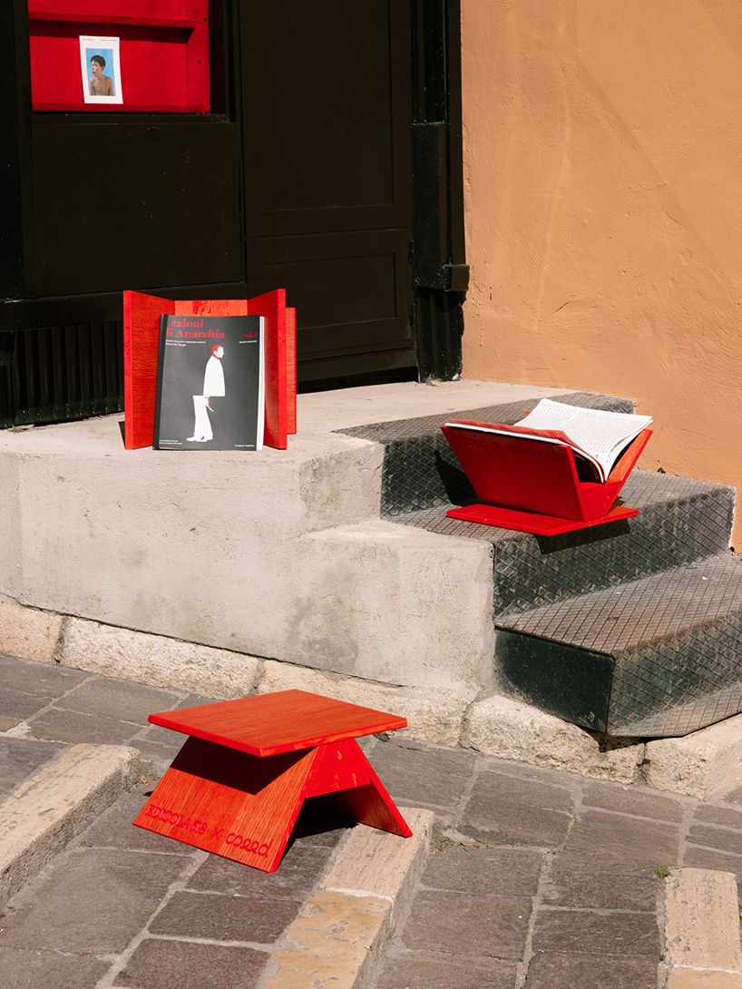 historic perugia newsstand reconfigures into stepped red oak mini reading kiosk - 10