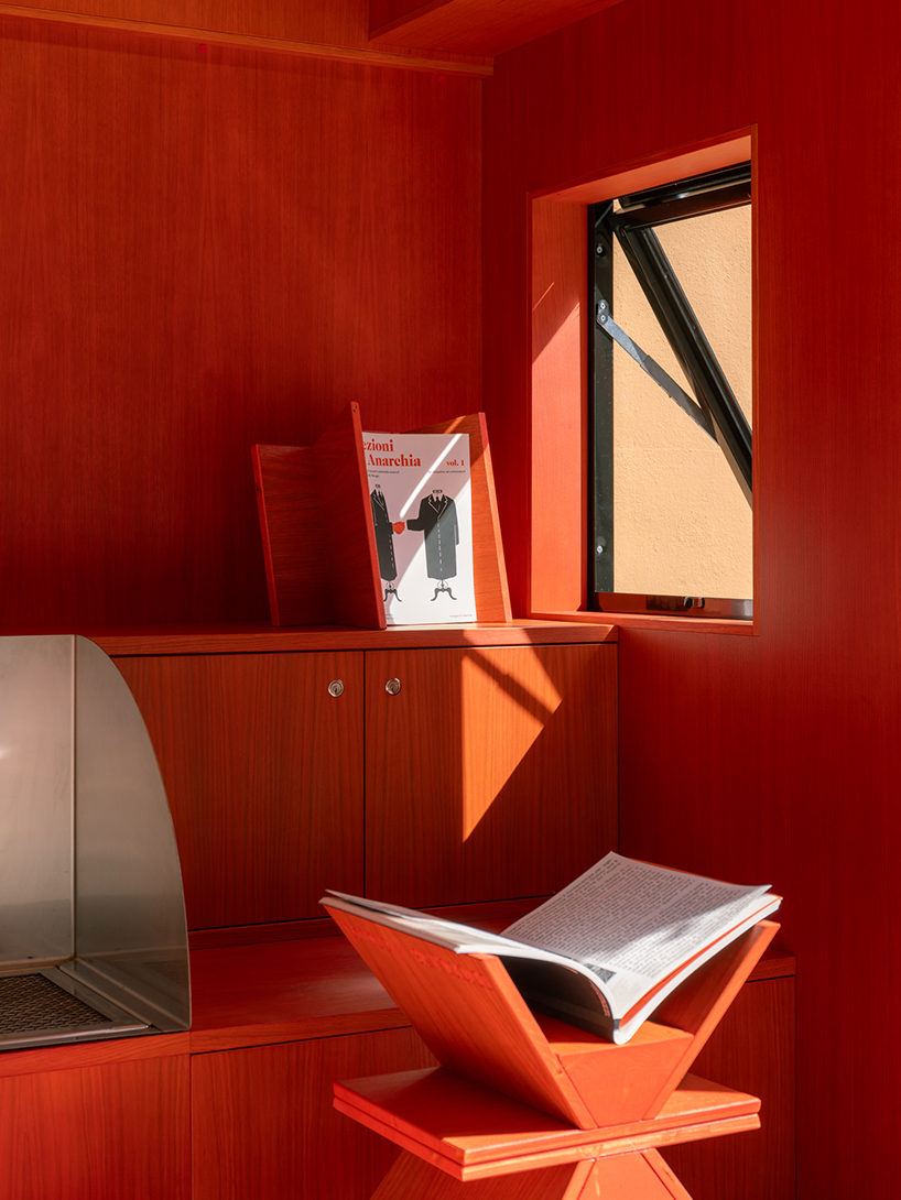 historic perugia newsstand reconfigures into stepped red oak mini reading kiosk - 8