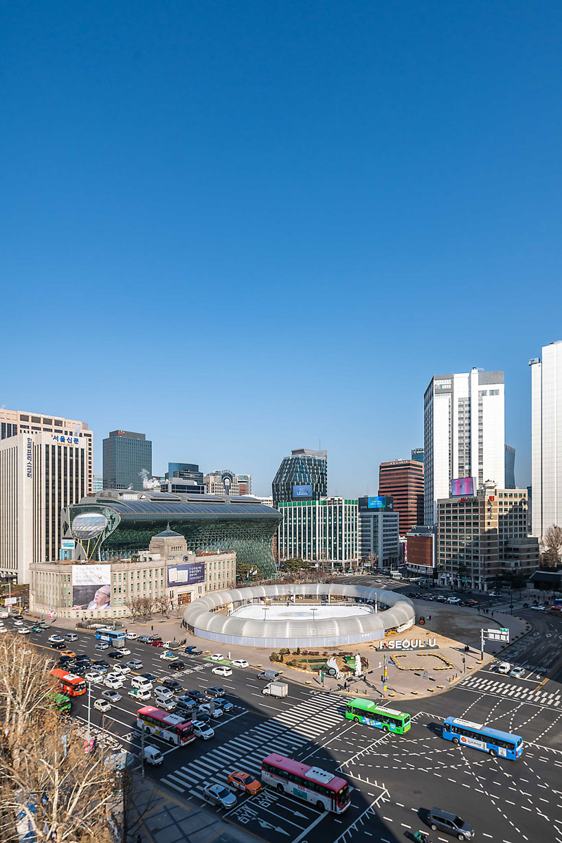 CoRe + graft object form a giant pneumatic ring for seoul square ice rink designboom