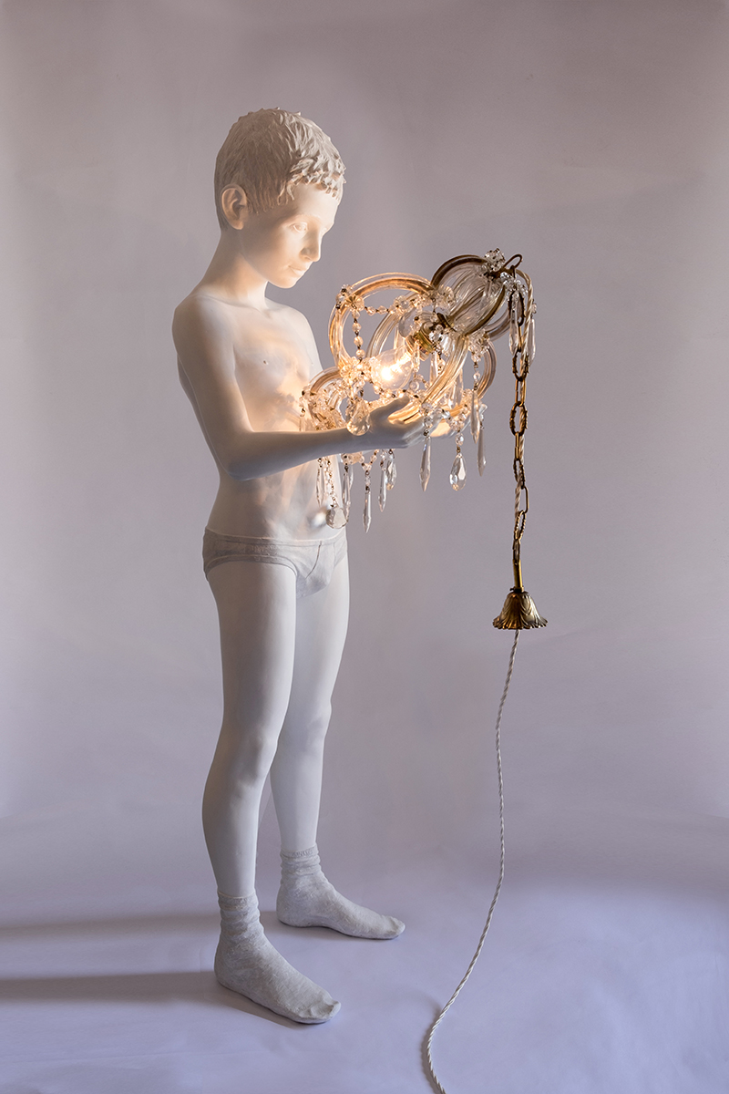 marcantonio's instinct illumination series depicts creatures holding ripped chandeliers