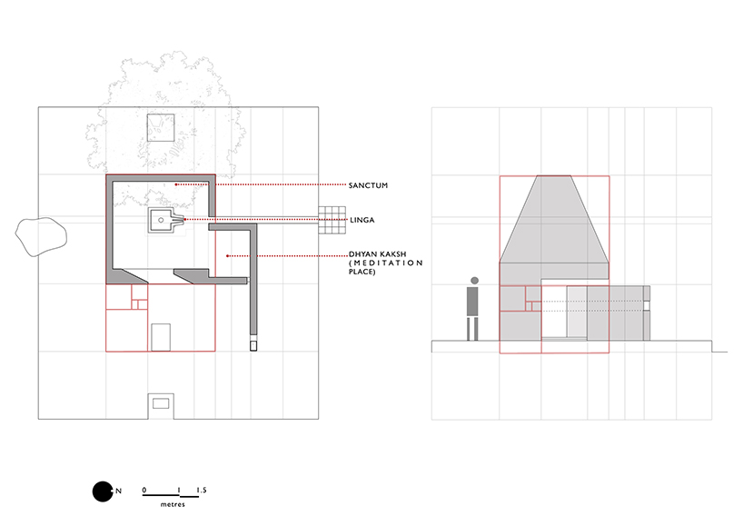 karan darda's orange hindu temple in india creates a contrast with green surroundings