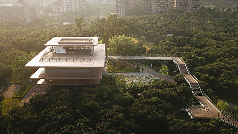 MLA+'s library in shenzhen park features an elevated walkway through the three crowns