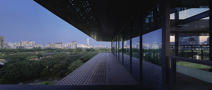 MLA+'s library in shenzhen park features an elevated walkway through the three crowns