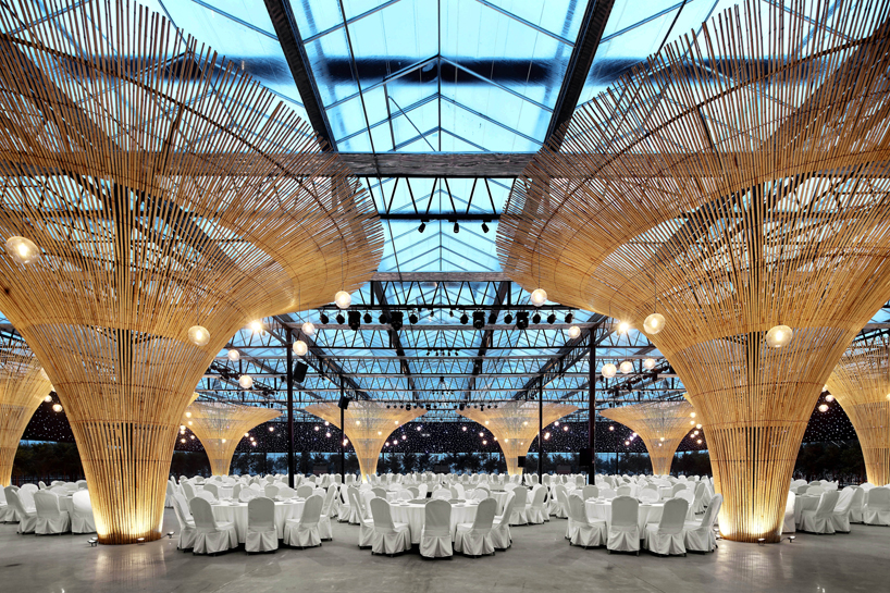 mix architecture transforms a chinese sun shed into a banquet hall with 12 bamboo pillars