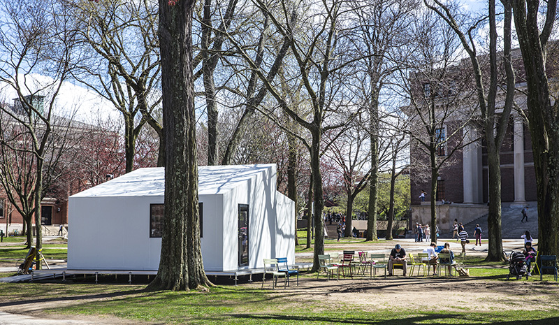 prefabricated plugin house creates temporary public spaces in harvard and boston city hall