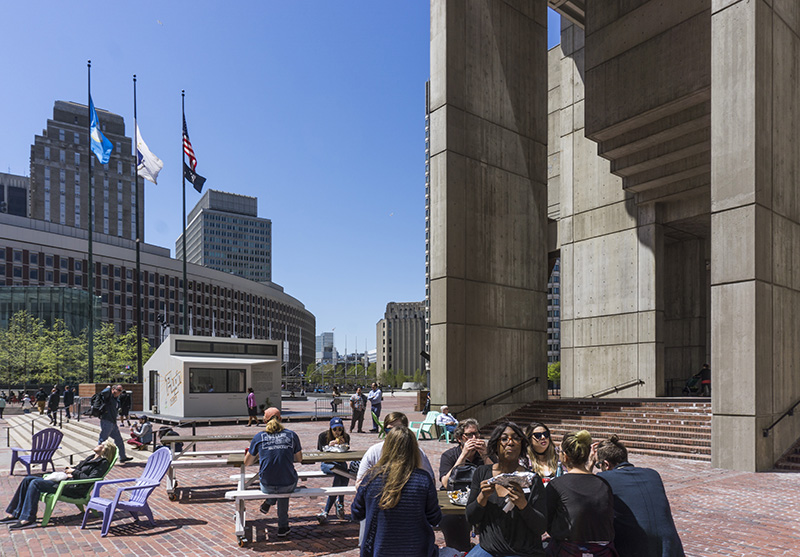 prefabricated plugin house creates temporary public spaces in harvard and boston city hall