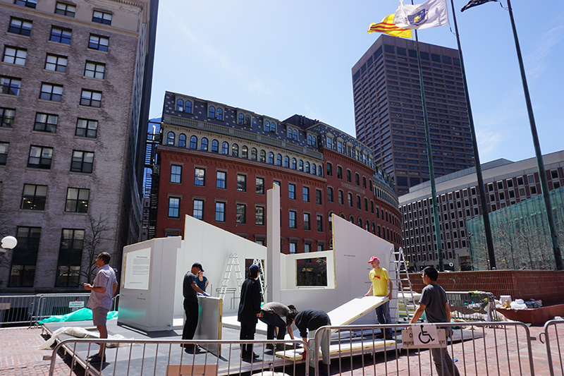 prefabricated plugin house creates temporary public spaces in harvard and boston city hall