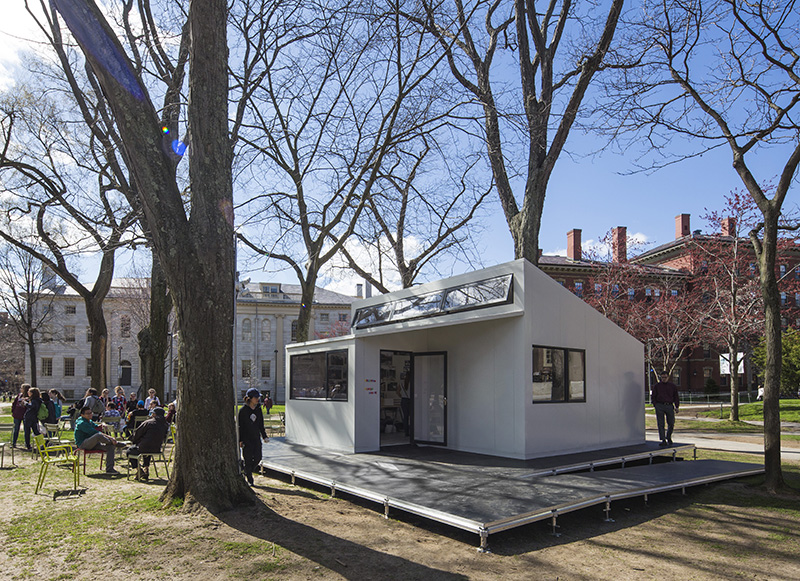 prefabricated plugin house creates temporary public spaces in harvard and boston city hall