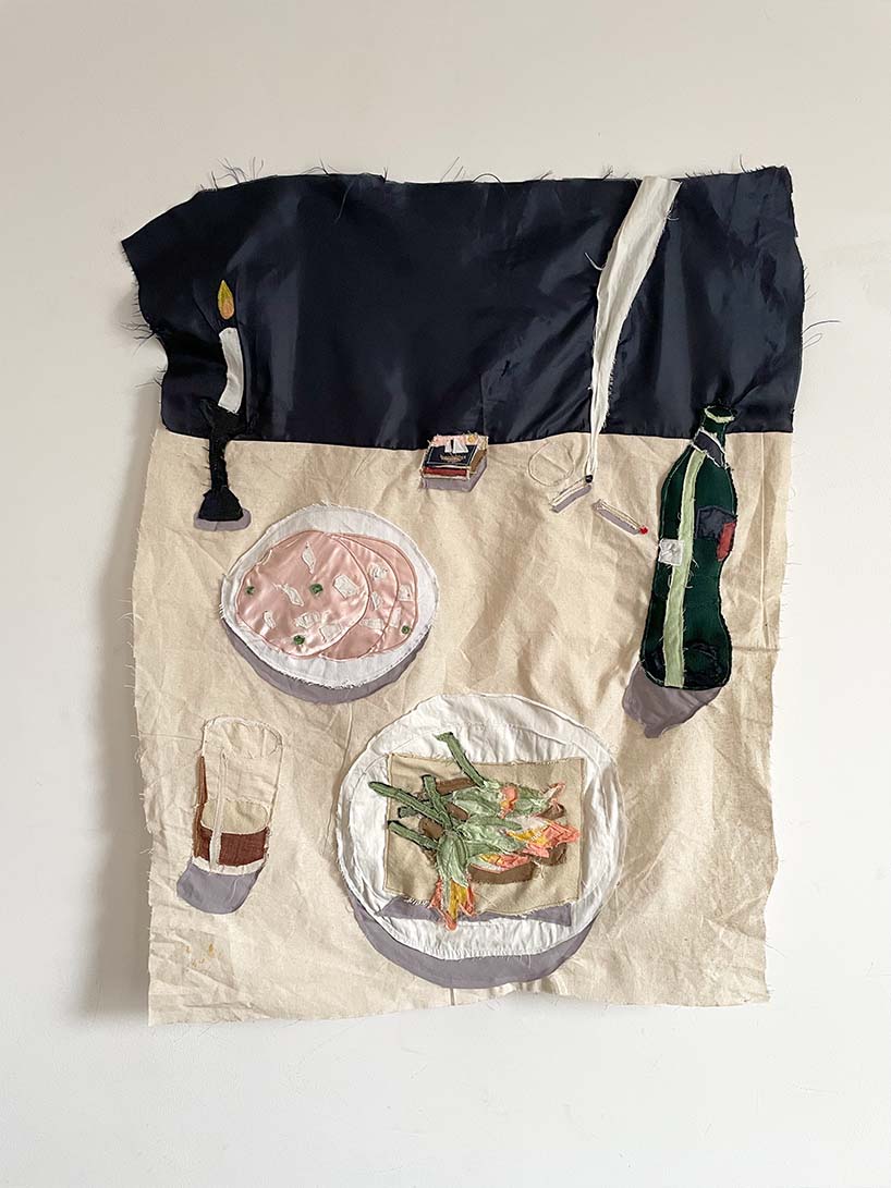 andrew scott weaves still life tapestries from scraps of satin, rain jackets, and velour  