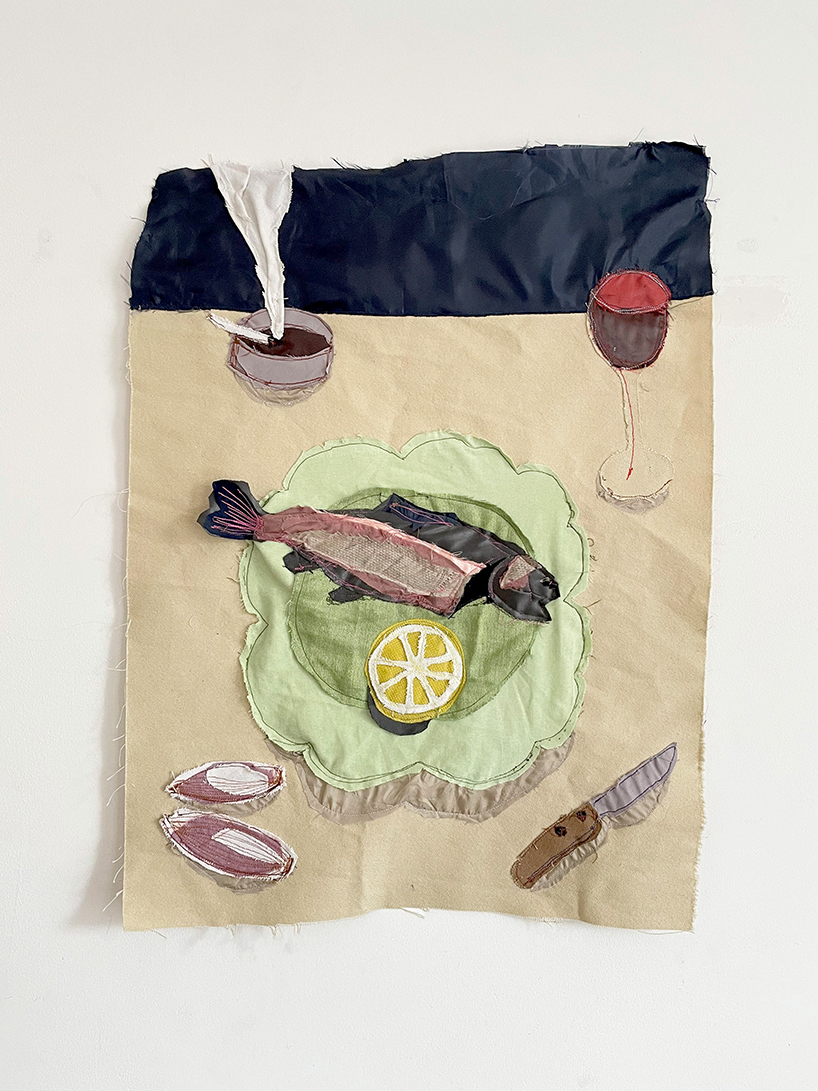 andrew scott weaves still life tapestries from scraps of satin, rain jackets, and velour  