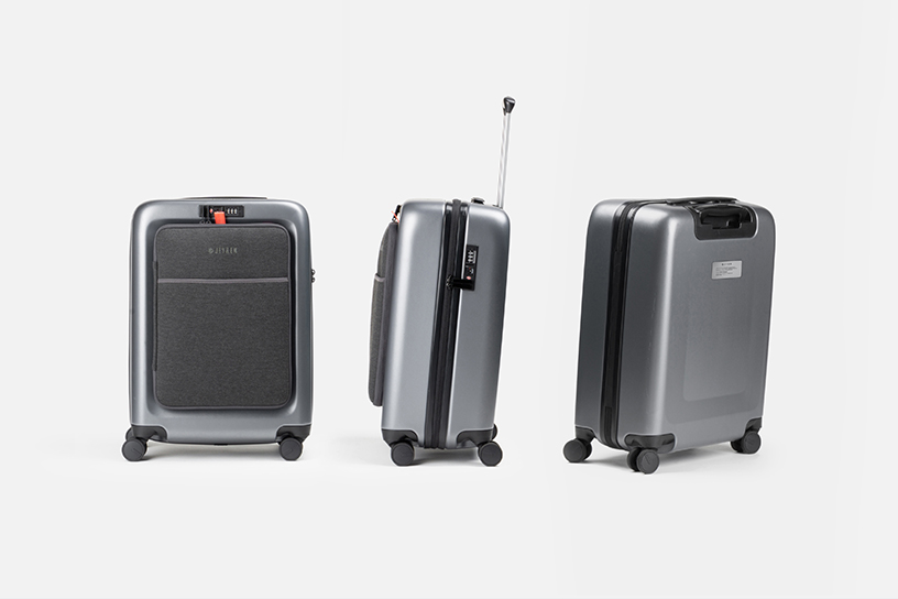 smart luggage by jey&em includes bluetooth trackers and a power bank