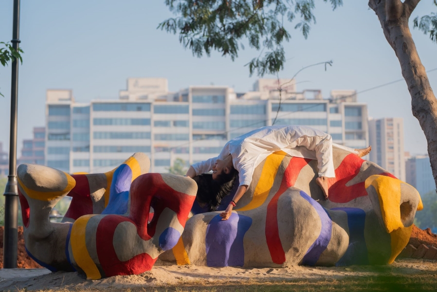reclaimed materials sculpt textured children’s play structures in india public park