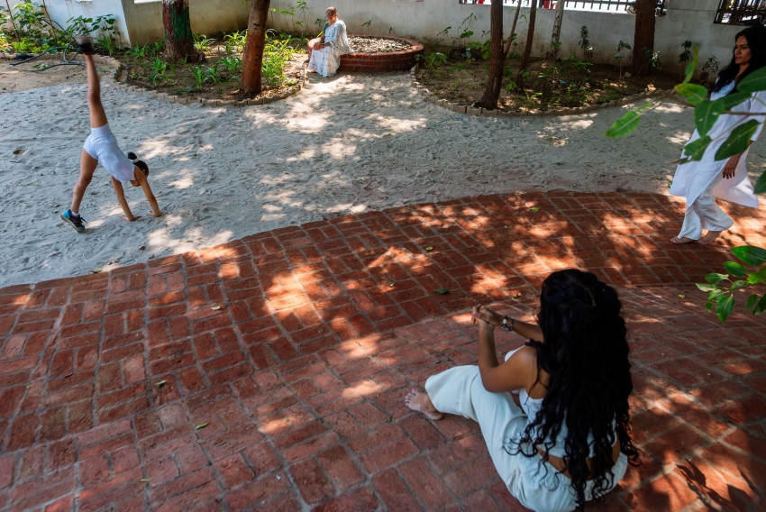 reclaimed materials sculpt textured children’s play structures in india public park