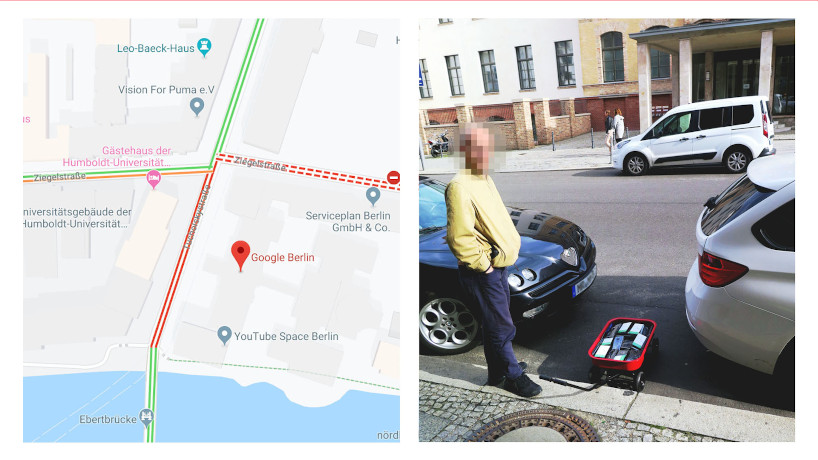 simon weckert causes a 'virtual traffic jam' with 99 smartphones and a handcart
