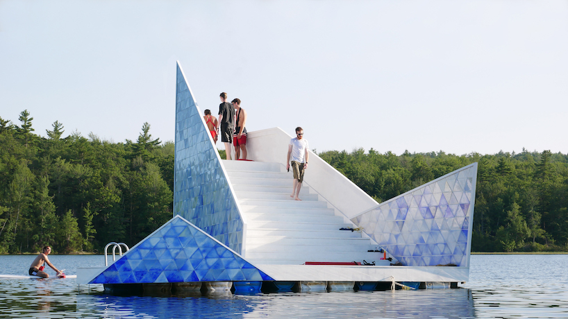 thermochromic tiles of recycled HDPE clad the 'iceberg' diving platform by bulot+collins designboom