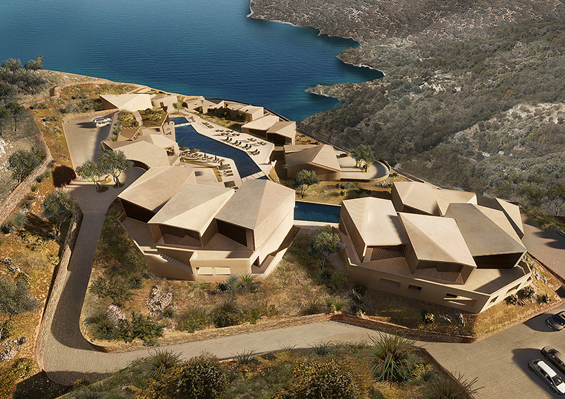 La piscine en zigzag sculpte la retraite d'ampia vista dans l'île grecque