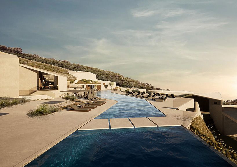 La piscine en zigzag sculpte la retraite d'ampia vista dans l'île grecque