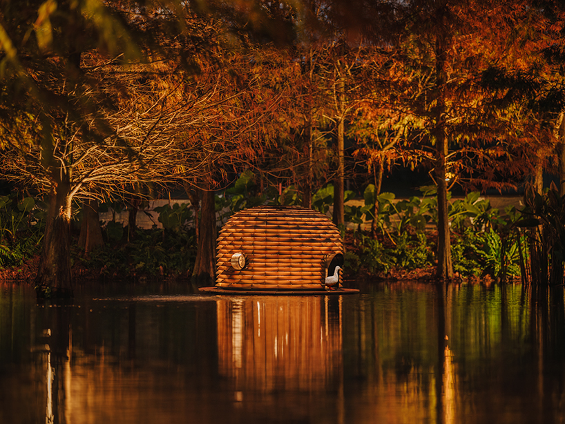 four floating wooden huts shape cheng tsung feng's duck nest installations