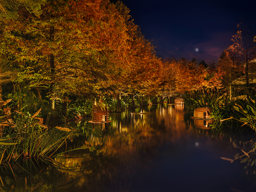 four floating wooden huts shape cheng tsung feng's duck nest installations