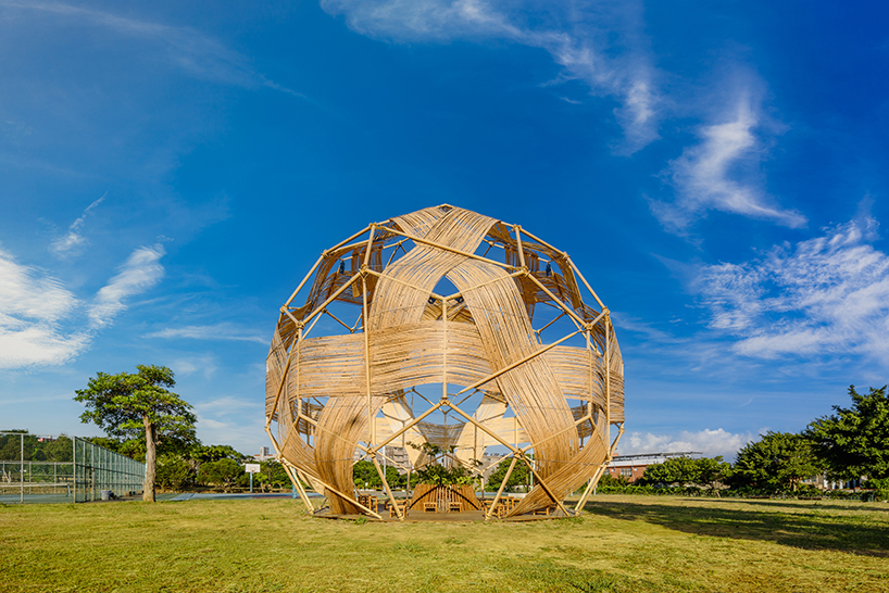 bamboo-woven spherical installation by cheng tsung feng shapes meeting dome in taiwan