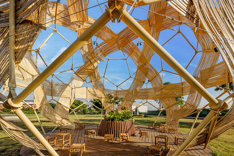 bamboo-woven spherical installation by cheng tsung feng shapes meeting dome in taiwan