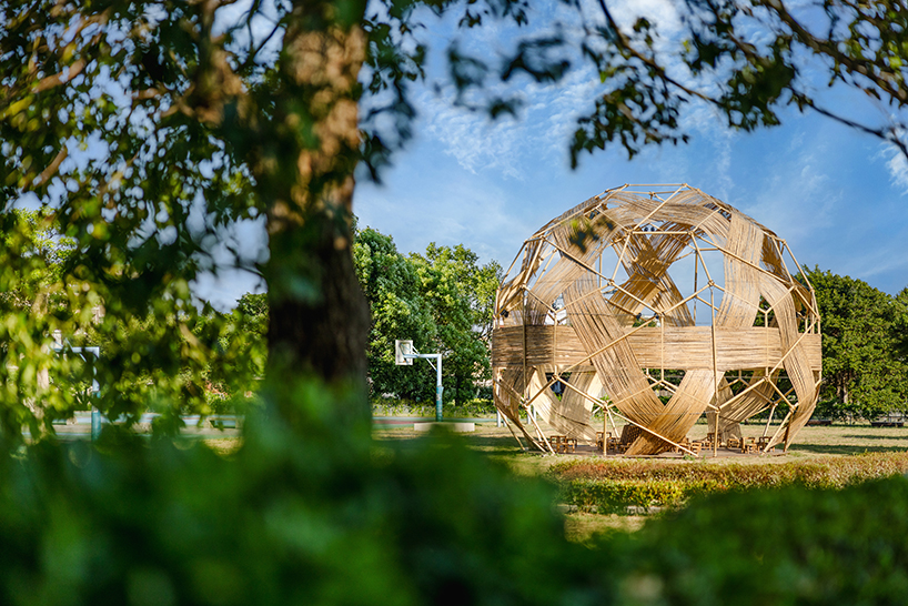 bamboo-woven spherical installation by cheng tsung feng shapes meeting dome in taiwan