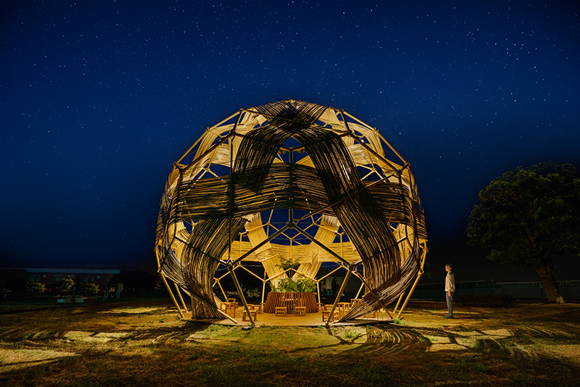 bamboo-woven spherical installation by cheng tsung feng shapes meeting dome in taiwan
