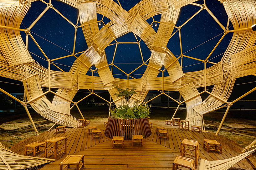 bamboo-woven spherical installation by cheng tsung feng shapes meeting dome in taiwan