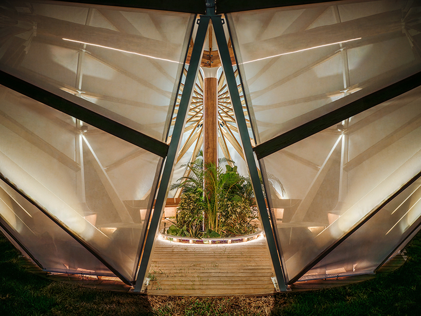 three angular canopies echo traditional oil-paper umbrellas in cheng tsung feng's installation