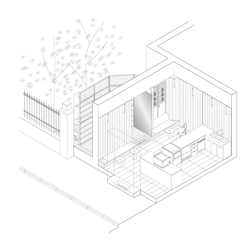 axonometric view: mirror as the visual structure of the street, interior, and courtyard