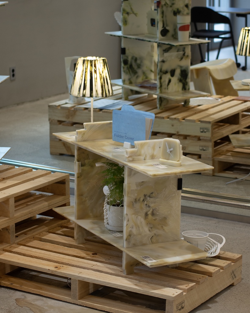 plastic marble display shelf turns upcycled materials into reconfigurable furniture