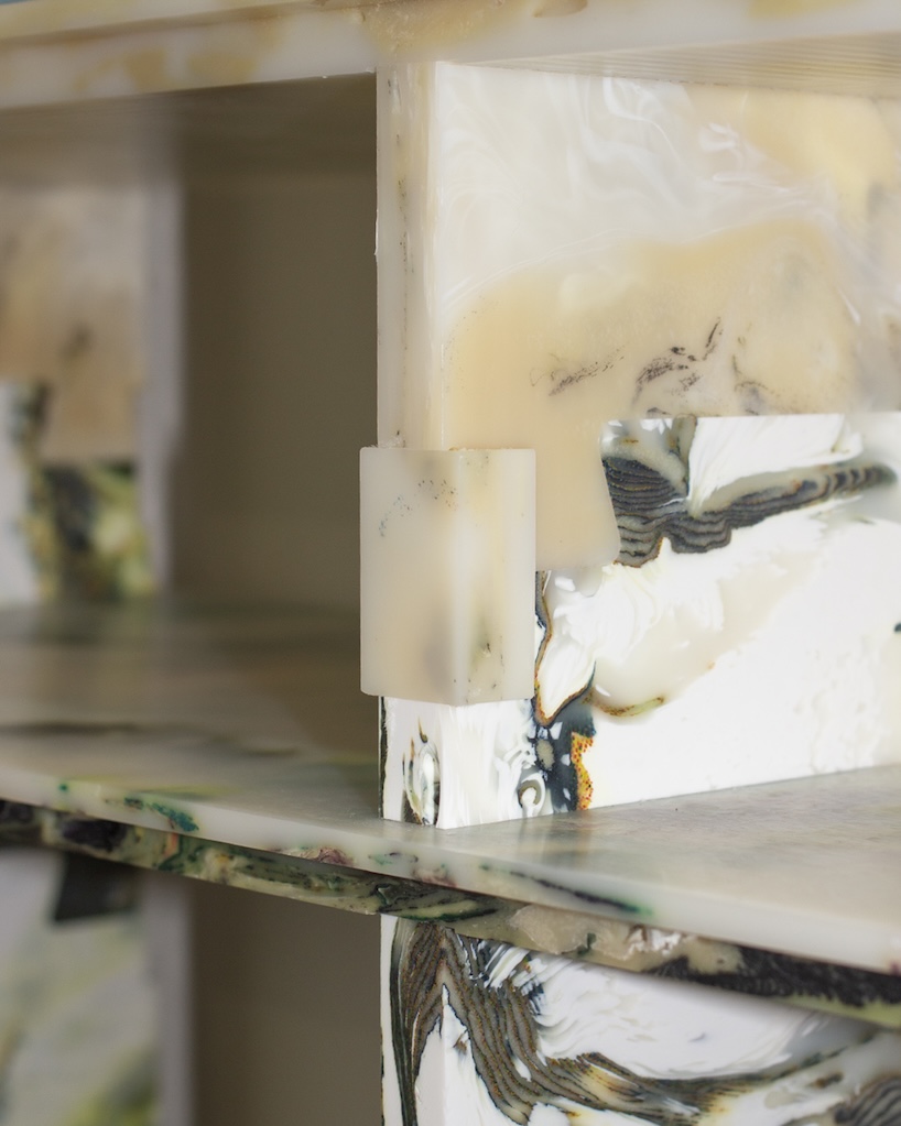 plastic marble display shelf turns upcycled materials into reconfigurable furniture