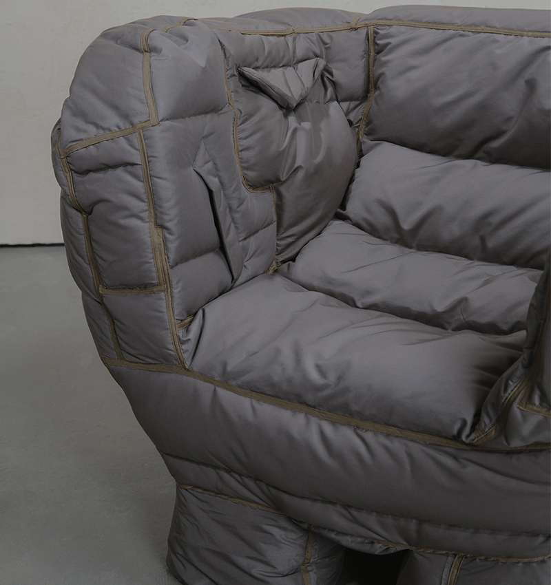 jinyeong yeon turns unsold puffer jackets into cozy padded chairs designboom